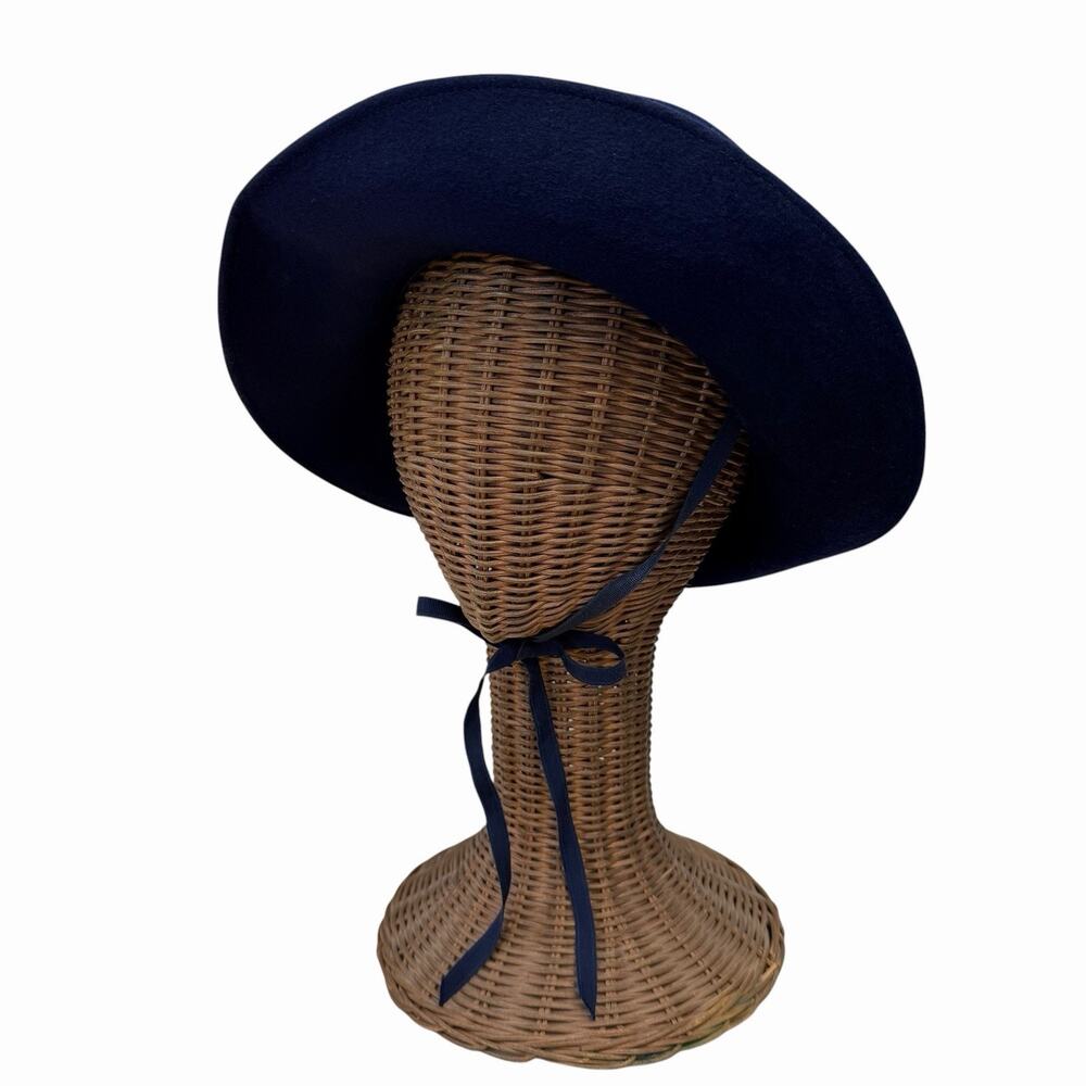 Vintage 1950’s Navy Felt Slouch Hat With Chin Ribbon Ties, Paris Boutique - Picture 7 of 9